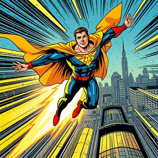 A vibrant comic-style illustration depicting Comet Man soaring above the futuristic cityscape of Metropolis, with dynamic speed lines and a dramatic perspective.