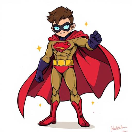 Character design sheet of a superhero with a distinctive costume and powers, created by a student