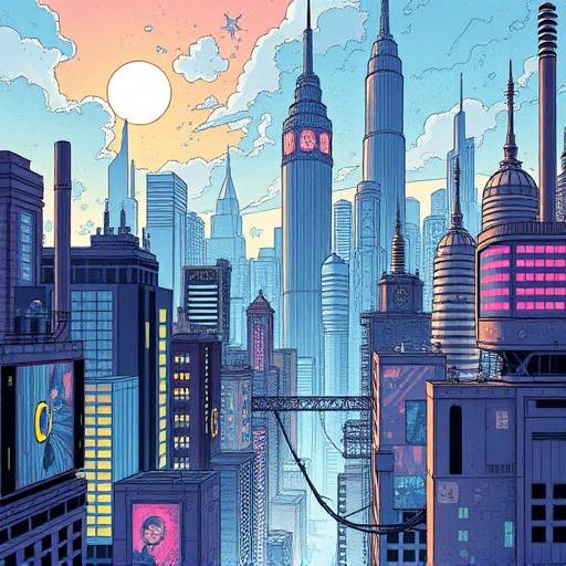 Comic panel featuring a futuristic cityscape, showcasing a student's worldbuilding skills