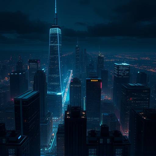 Illustrated panel depicting a cyberpunk city skyline under a perpetual night, highlighting the Obsidian Age universe.