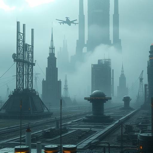 Illustrated panel depicting a desolate, post-apocalyptic landscape with remnants of advanced technology, showcasing the Echoes of Tomorrow universe.