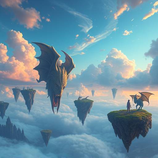 Illustrated panel showing floating islands and mythical creatures in a vibrant, colorful sky, representing the Celestial Kingdoms universe.