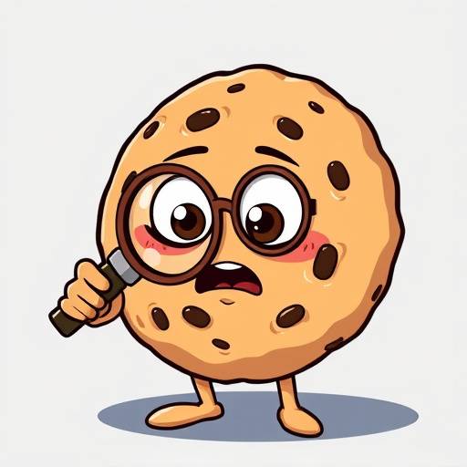Illustration of a comic book character examining a cookie with a magnifying glass, symbolizing cookie analysis and privacy.