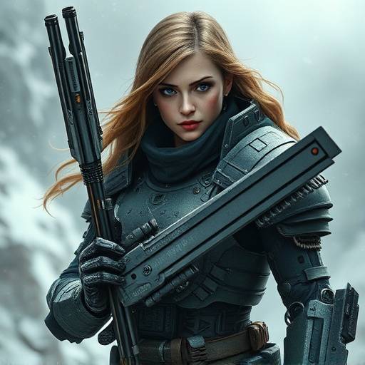 Illustration of Anya Volkov, a fierce warrior with cybernetic enhancements, the protagonist from the Obsidian Age universe.