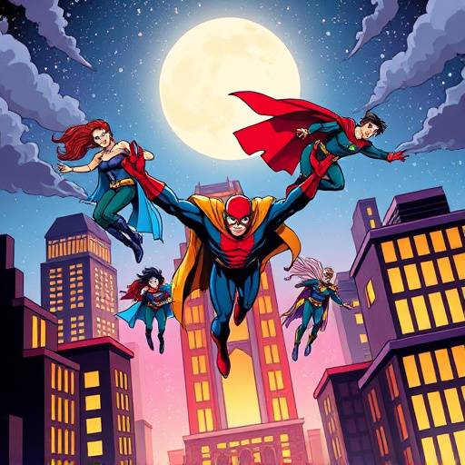 Illustration of Cometverse Comics headquarters with superhero characters flying nearby, a stylized comic book aesthetic.