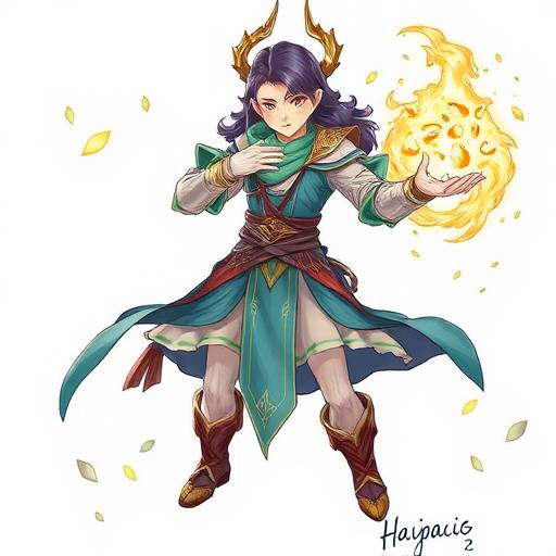 Illustration of Kai, a wise and powerful mage from the Celestial Kingdoms, wielding ancient magic.