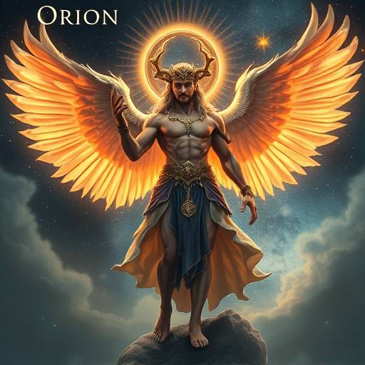 Illustration of Orion, a celestial being from the Celestial Kingdoms, with radiant wings and a stoic expression.