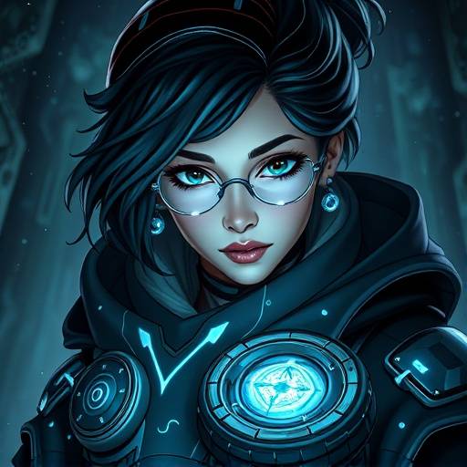 Illustration of Zara, a brilliant scientist from the Obsidian Age, working on groundbreaking technology.