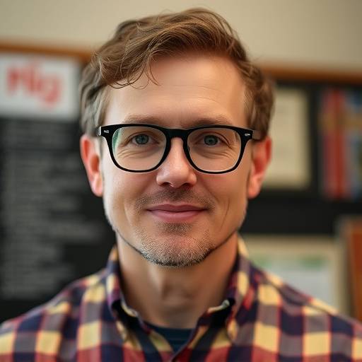 Portrait of Ben Carter, story structure instructor, wearing glasses and smiling confidently.