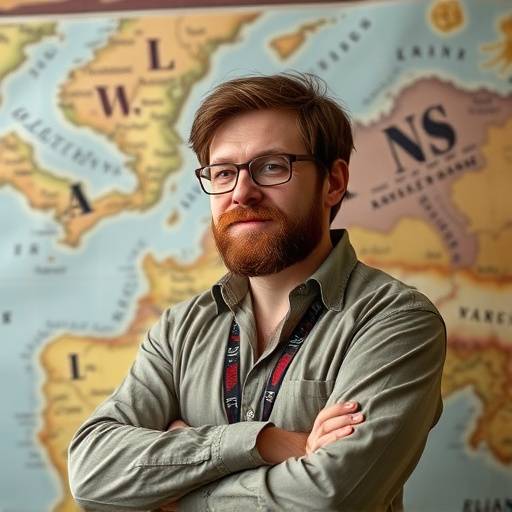 Portrait of Elias Thorne, world-building instructor, in front of a map.