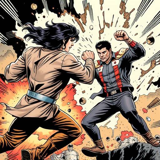 Sequential art showing a dramatic fight scene between two characters, showcasing a student's ability to create dynamic compositions